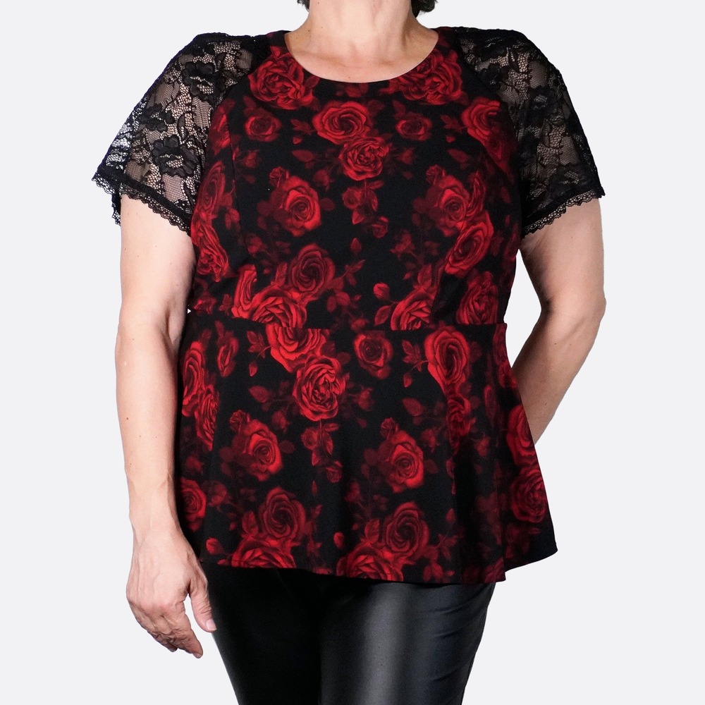 Torrid Lace Rose Floral Peplum Top Red Black Blouse Plus Size 1X XL Dark Romance